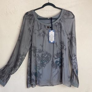 Lined Flowy Blouse by Tempo Paris - NWT - Romantic Gray and Silver Floral Size M